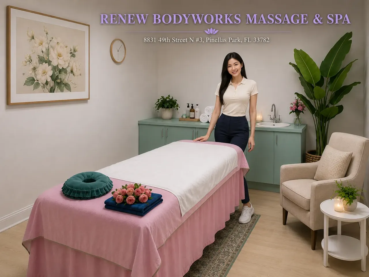 Friendly massage therapist welcoming a guest in a clean room at Renew Bodyworks Massage & Spa in Pinellas Park FL