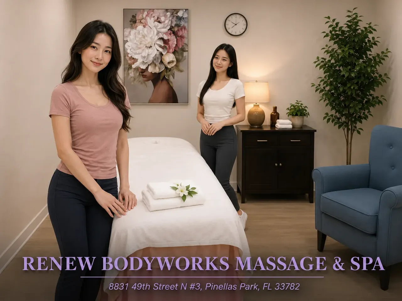 Friendly massage therapist in a clean, welcoming room at Renew Bodyworks Massage & Spa in Pinellas Park FL